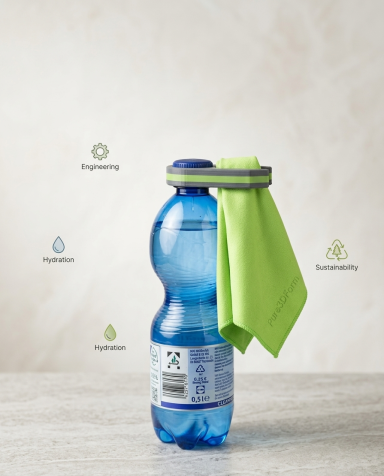 Blaues Wasserflasche mit grünem Tuch, umgeben von Symbolen für Frische und Nachhaltigkeit.
