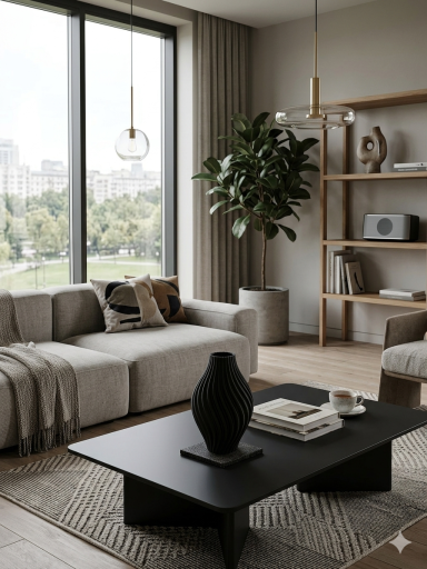 Helles Wohnzimmer mit bequemer Couch, Pflanze, minimalistischer Deko und großem Fenster.