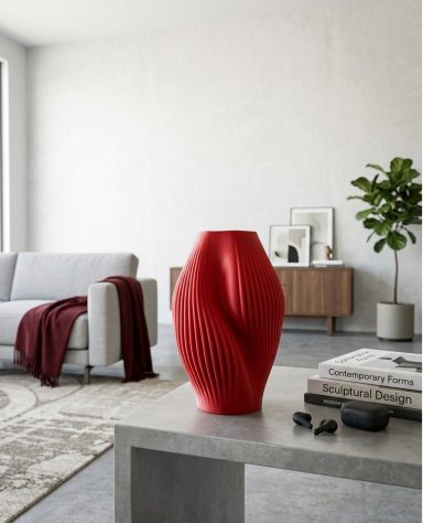 Roter, skulpturaler Vase auf einem Tisch in modernem Wohnzimmer mit Sofa und Pflanzen.
